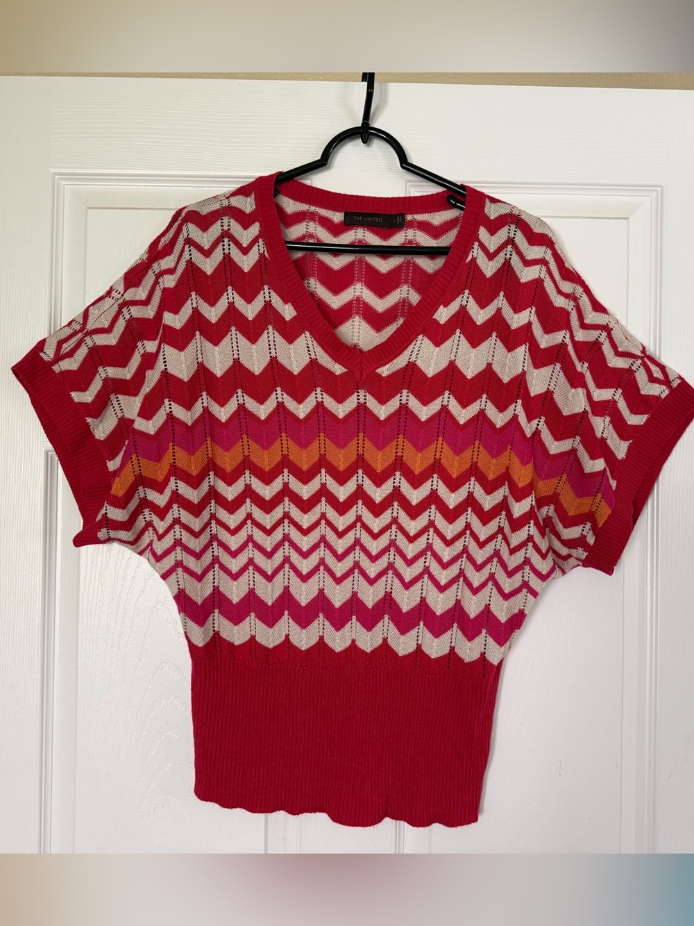 The Limited Red Chevron V-Neck Sweater with Pink, Cream & Orange Accents